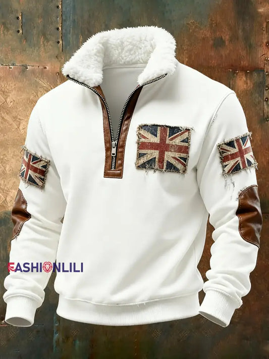 Men's British vintage flag print Plush Stand Collar Shirt