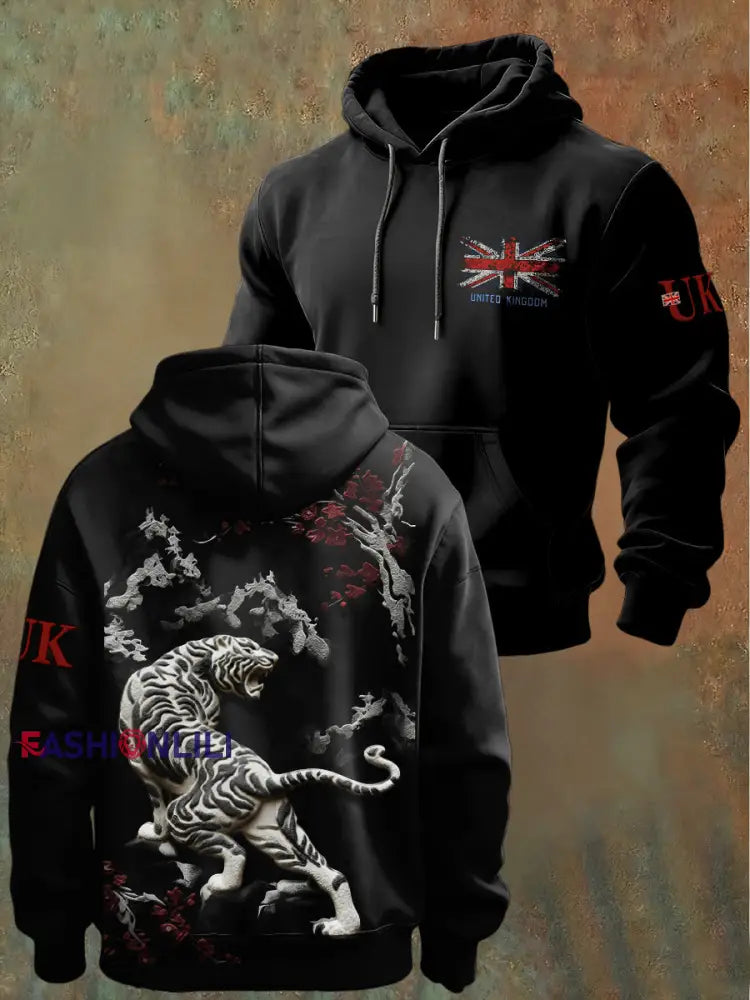 Men's British White Tiger Casual Hooded Sweatshirt