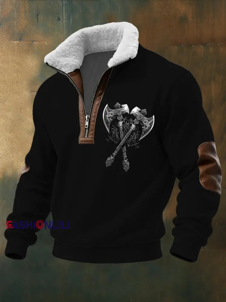 Men's Crossed Axe Print Sherpa - Lined Zip Sweatshirt