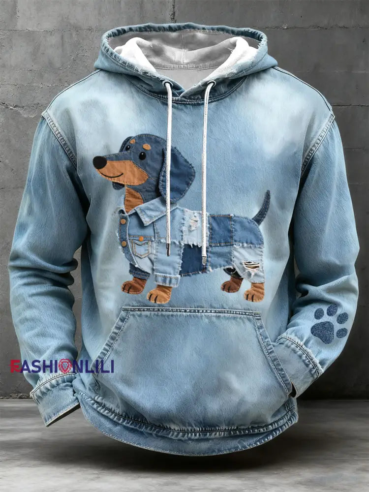 Men's Denim Patchwork Art Dachshund Pattern Hoodie