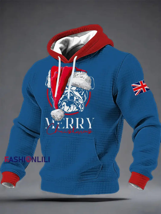 Men's Merry Christmas Bulldog Print Checkered Cotton Hoodie