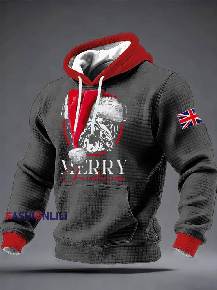 Men's Merry Christmas Bulldog Print Checkered Cotton Hoodie