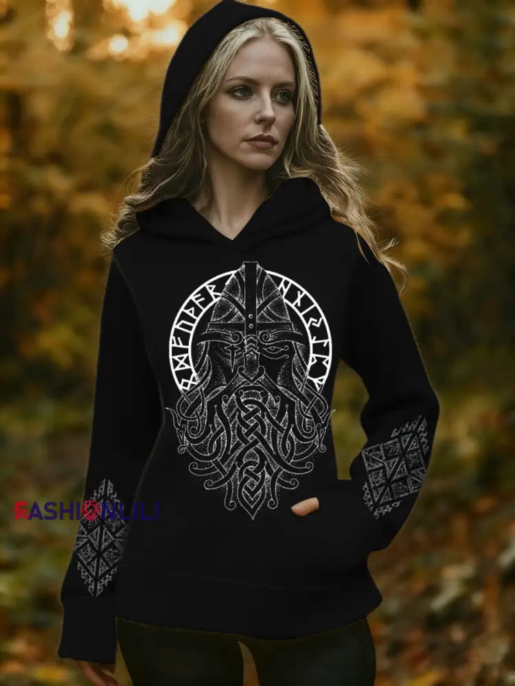 Women's Intricate Viking Warrior Print Hooded Sweater