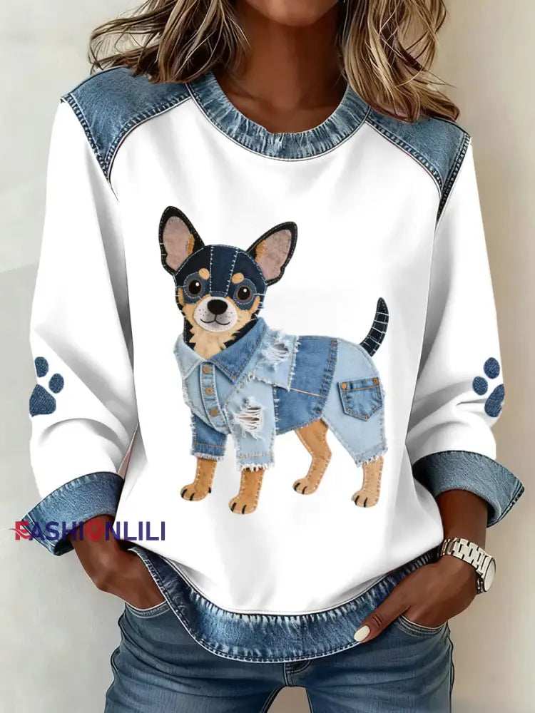 Women's Lovely Chihuahua Dog Pattern Denim Patchwork Art Sweatshirt