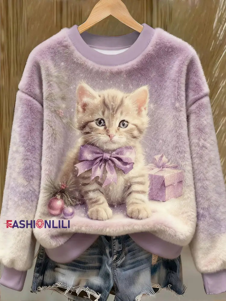 Women's Purple Art Christmas Alzheimer's Awareness Printed Sweatshirt