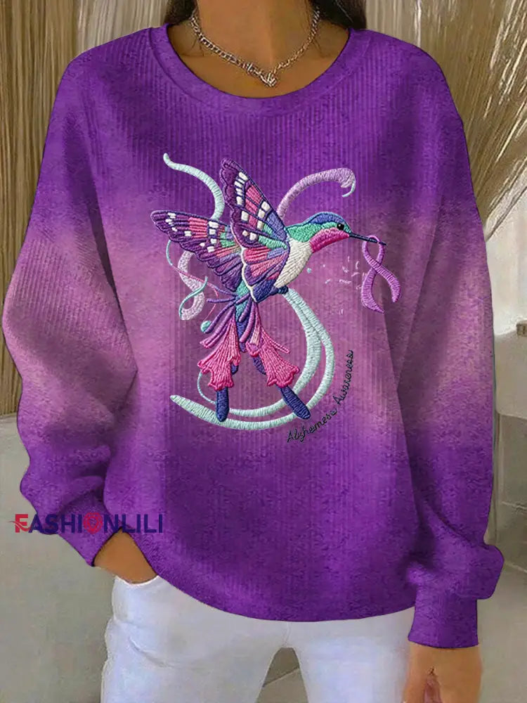 Women's Purple Gradient hummingbird Floral Print Ribbed Round-Neck Sweatshirt
