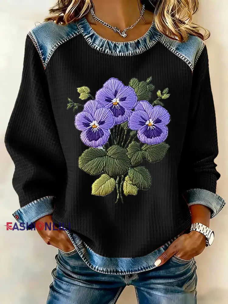 Women's Purple Pansy Flowers Print Casual Sweatshirt