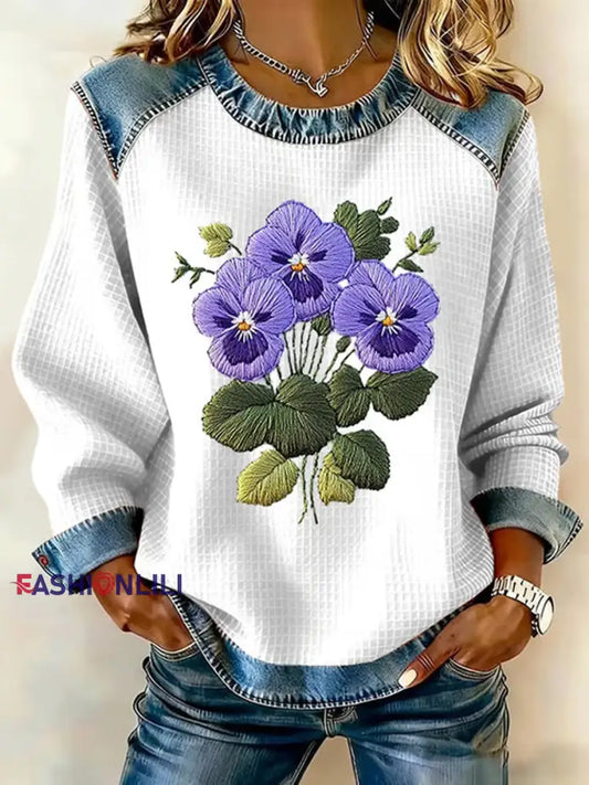 Women's Purple Pansy Flowers Print Casual Sweatshirt