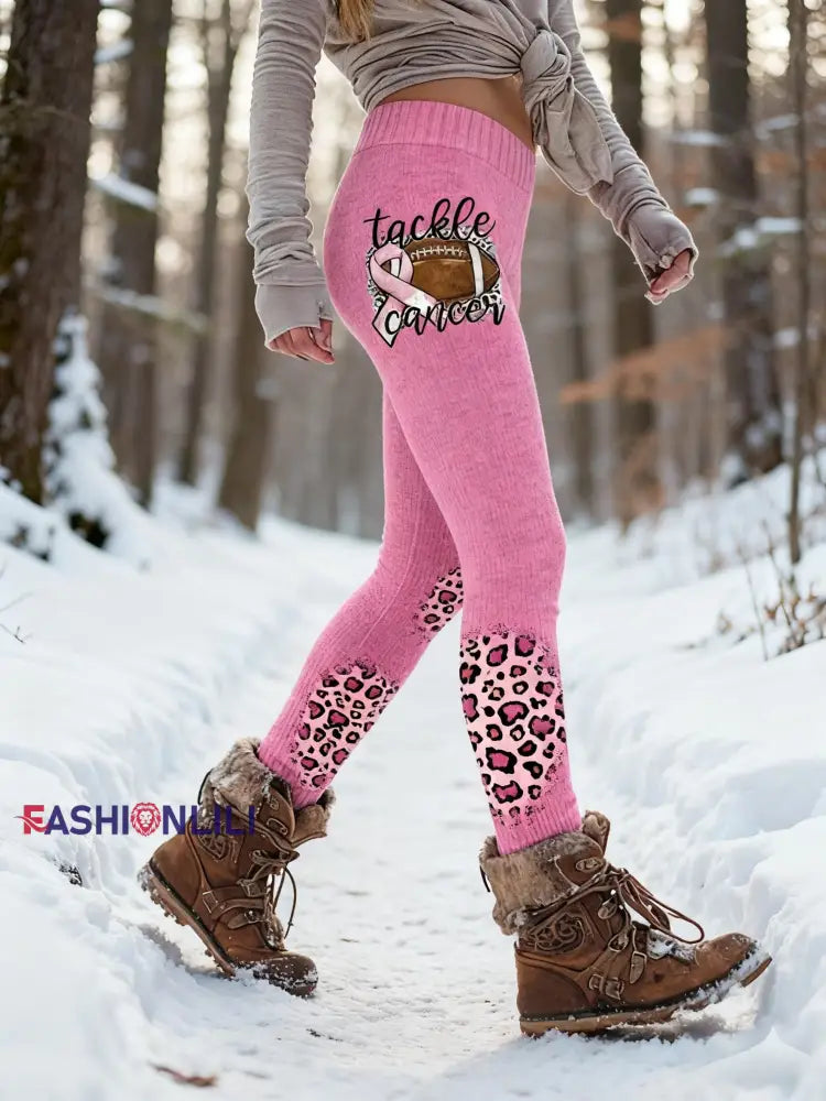 Women's Retro Breast Cancer Awareness Leopard Print Sports Stretch Leggings