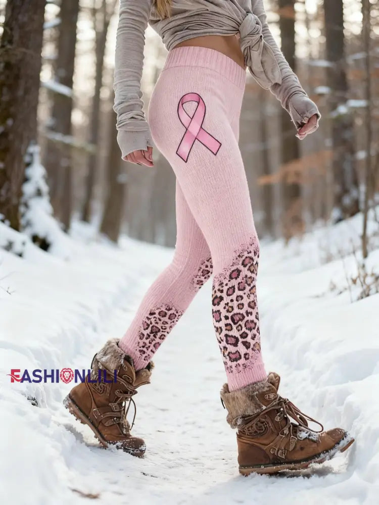 Women's Retro Breast Cancer Awareness Leopard Print Sports Stretch Leggings
