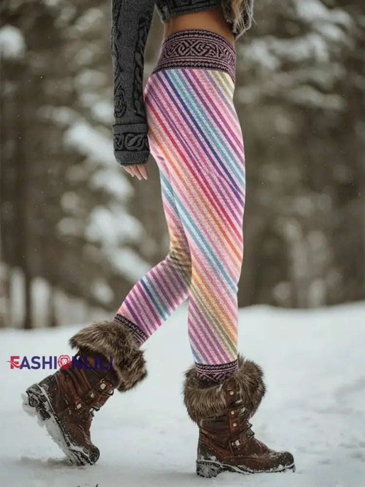 Women's Retro Breast Cancer Prevention Awareness Stripes Sports Stretch Leggings