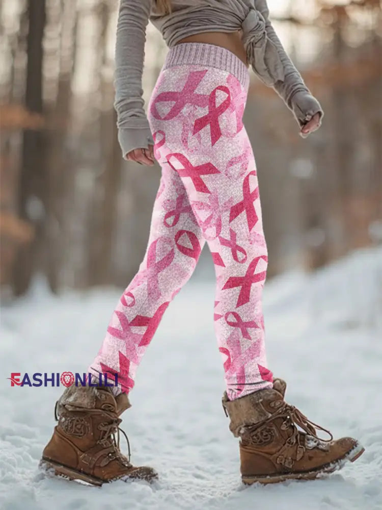 Women's Retro Breast Cancer Prevention Campaign Print Sports Stretch Leggings