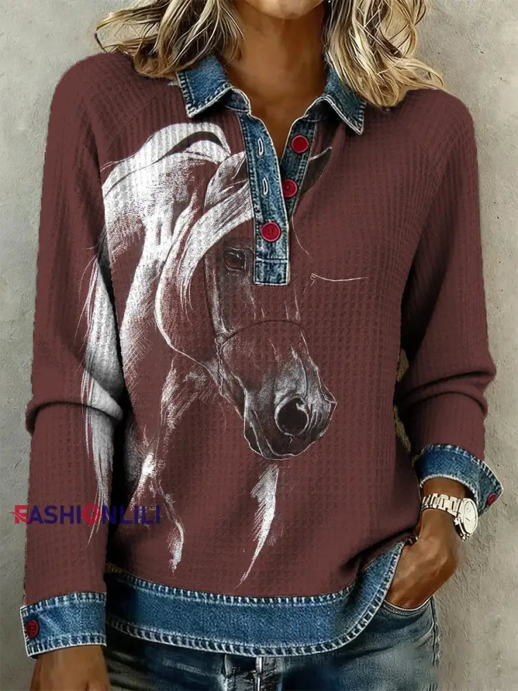 Women's Retro Horse Art Print Denim Patchwork Top