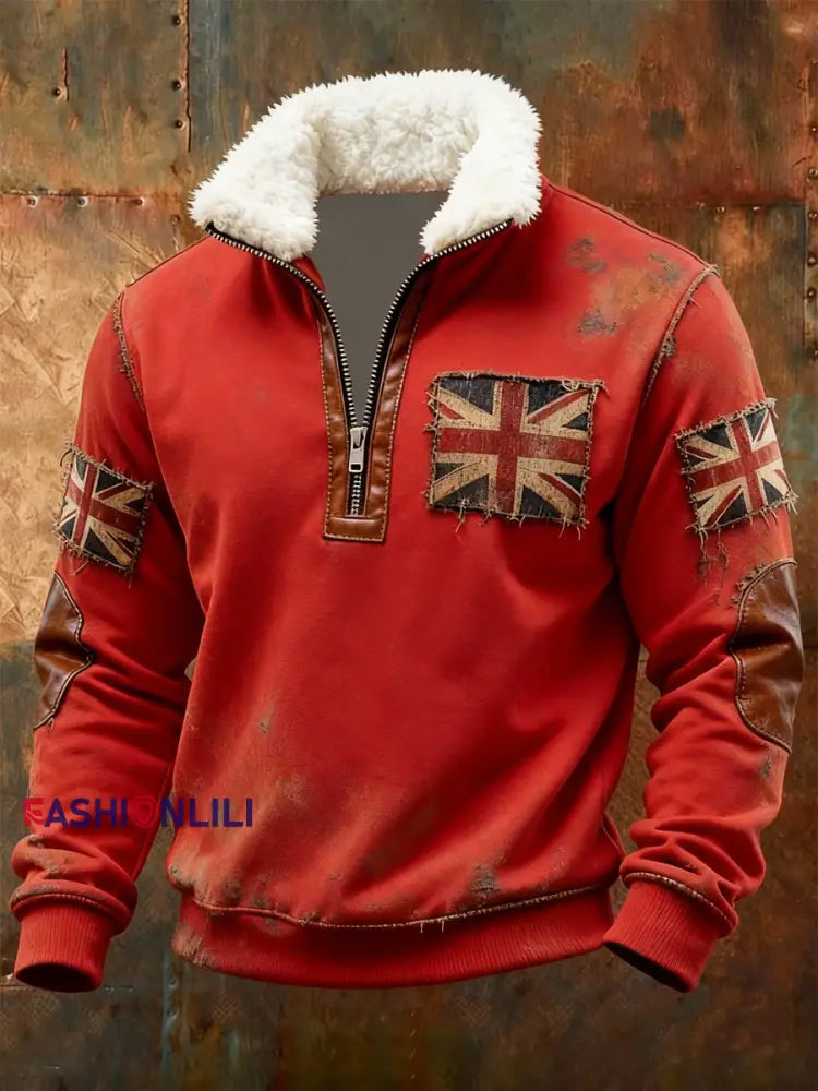 Men's British vintage flag print Plush Stand Collar Shirt