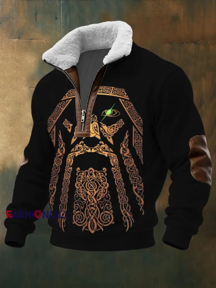 Men's Celtic Knot Odin Print Sherpa - Lined Zip Sweatshirt