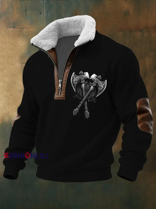 Men's Crossed Axe Print Sherpa - Lined Zip Sweatshirt