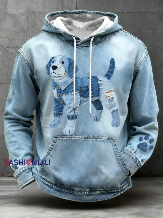Men's Denim Patchwork Art Beagle Dog Pattern Hoodie