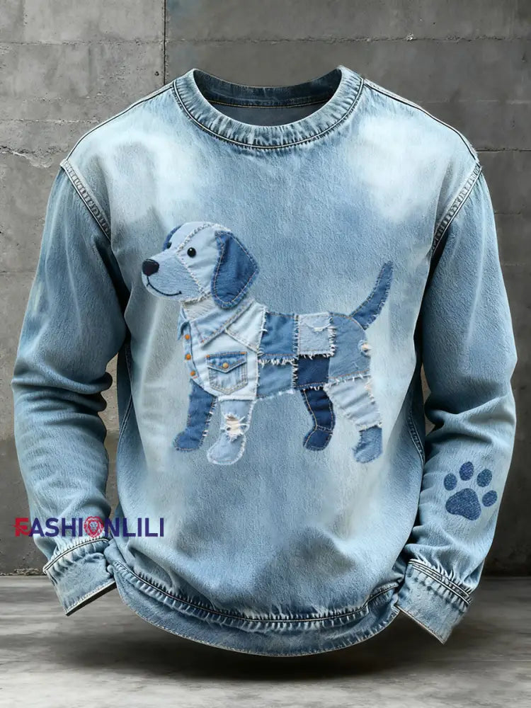 Men's Denim Patchwork Art Beagle Dog Pattern Sweatshirt
