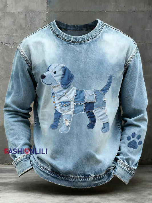 Men's Denim Patchwork Art Beagle Dog Pattern Sweatshirt