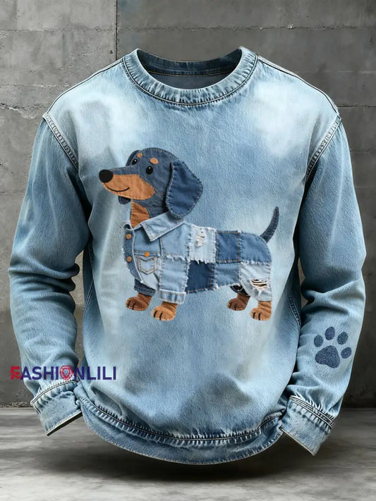 Men's Denim Patchwork Art Dachshund Pattern Sweatshirt