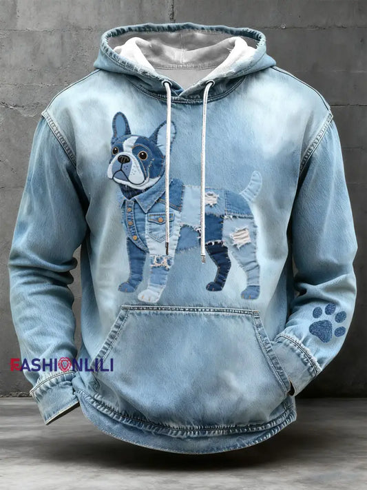 Men's Denim Patchwork Art French Bulldog Pattern Hoodie