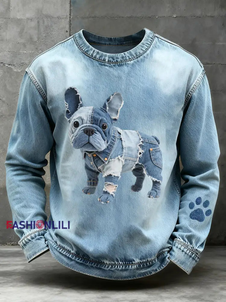 Men's Denim Patchwork Art French Bulldog Pattern Sweatshirt