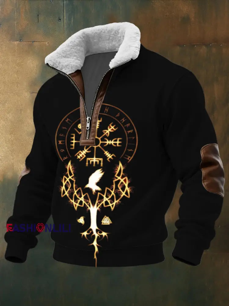 Men's Glowing Norse Tree & Rune Print Sherpa - Lined Zip Sweatshirt