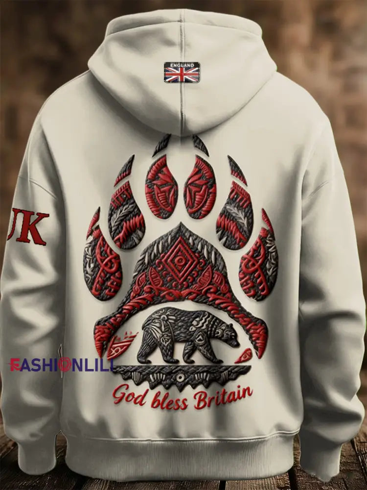 Men's Khaki British Bear Casual Hooded Sweatshirt