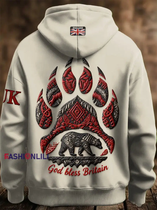 Men's Khaki British Bear Casual Hooded Sweatshirt