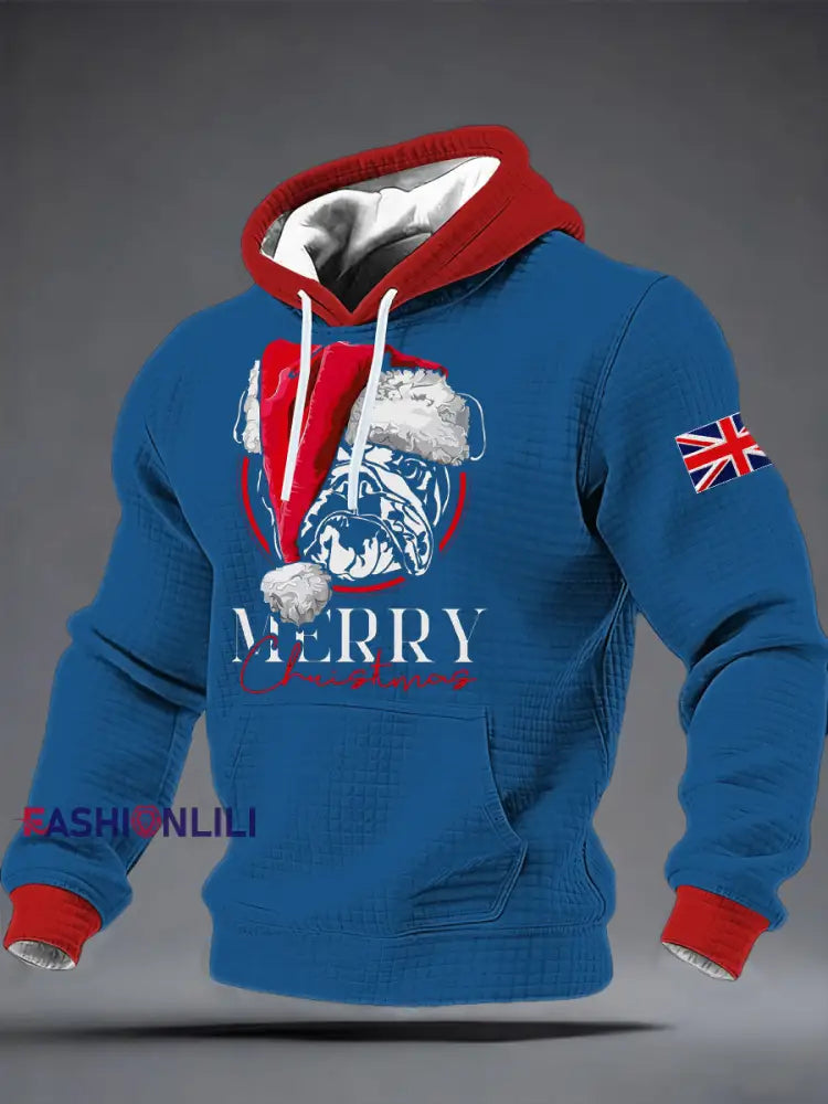 Men's Merry Christmas Bulldog Print Checkered Cotton Hoodie