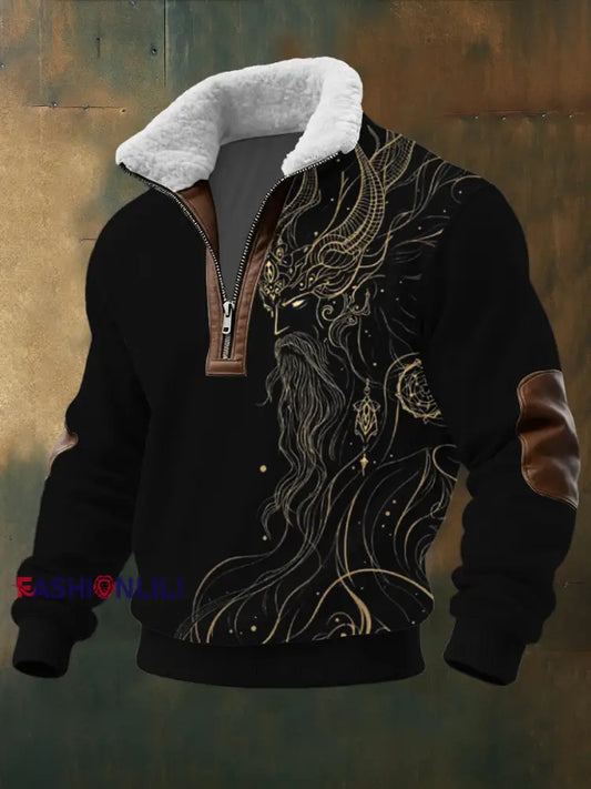 Men's Norse God Gold Print Sherpa - Lined Zip Sweatshirt