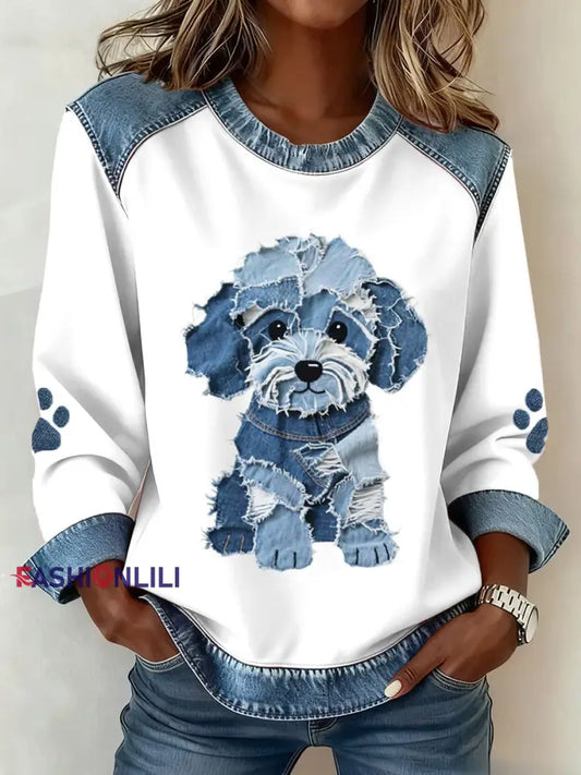 Women's Lovely Furry Dog Pattern Denim Patchwork Art Sweatshirt