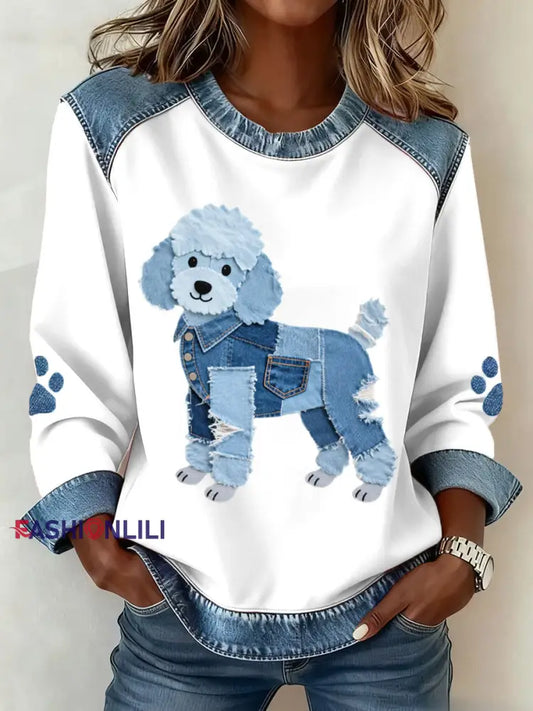 Women's Lovely Poodle Dog Pattern Denim Patchwork Sweatshirt