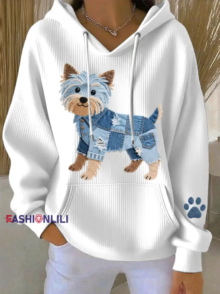 Women's Lovely Yorkshire Terrier Dog Denim Patchwork Pattern Hoodie