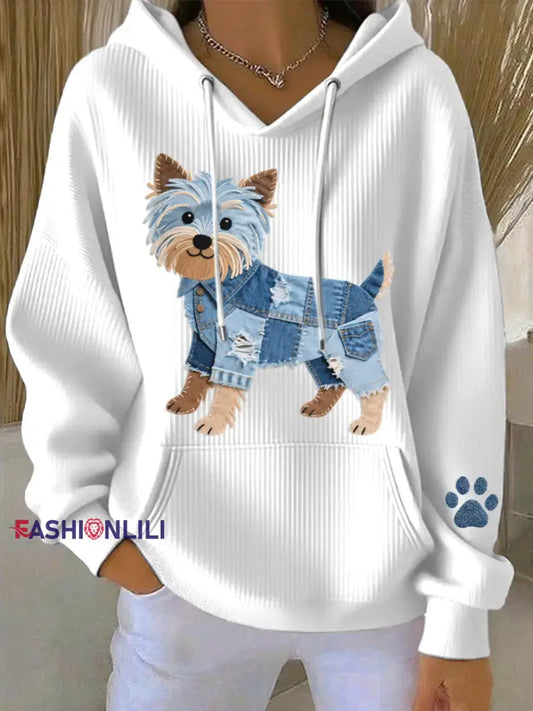 Women's Lovely Yorkshire Terrier Dog Denim Patchwork Pattern Hoodie
