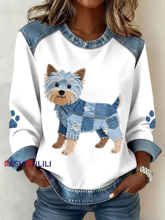 Women's Lovely Yorkshire Terrier Dog Pattern Denim Patchwork Sweatshirt