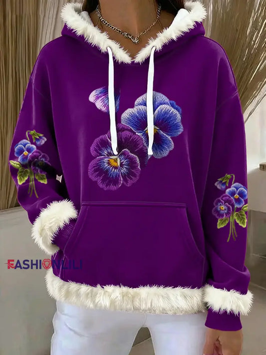 Women's Purple Art Design Printed Plush Hooded Long Sleeve Top