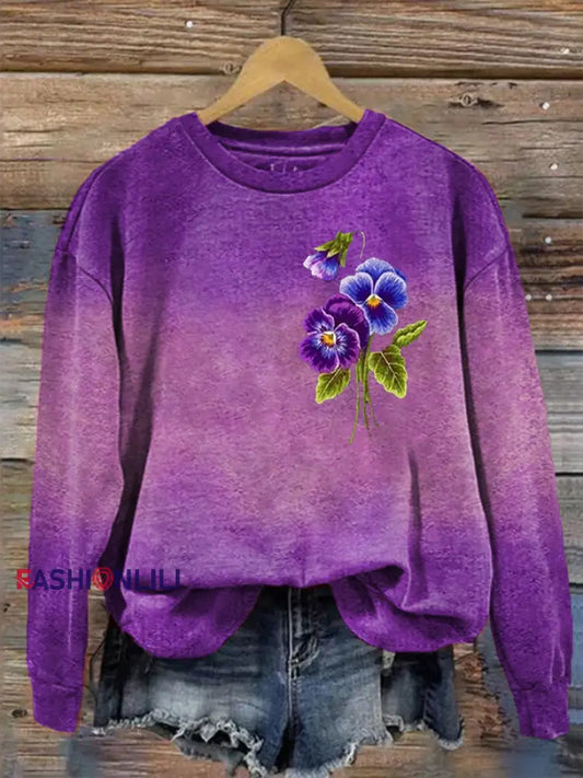 Women's Purple Gradient Floral Print Regular Sweatshirt