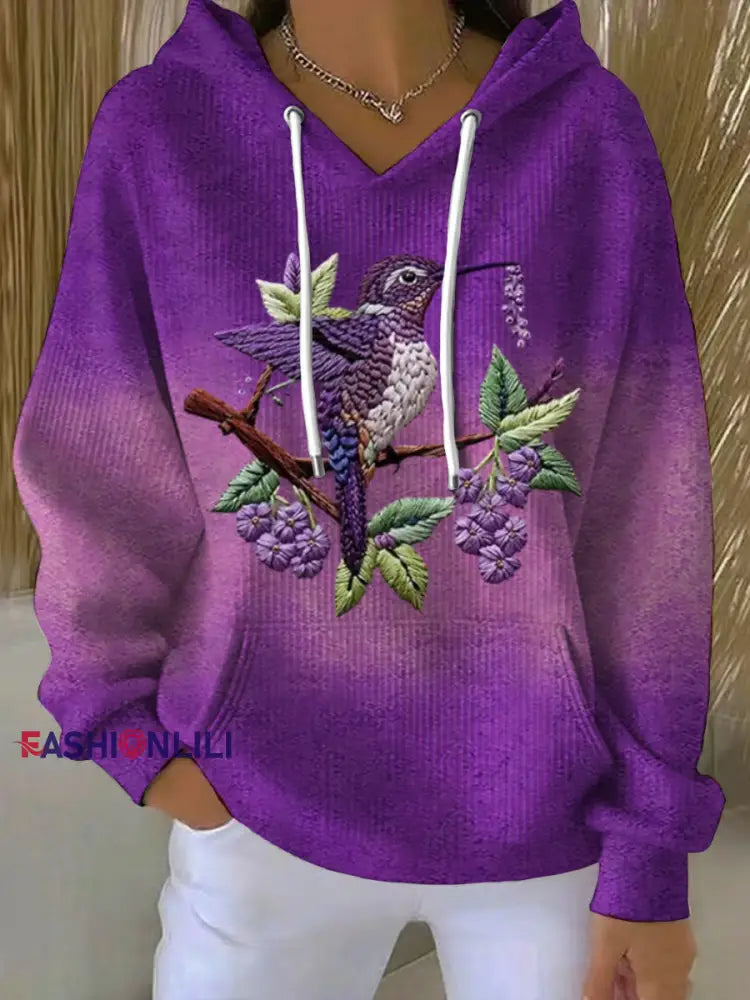 Women's Purple Gradient Hummingbird Floral Print Hoodie