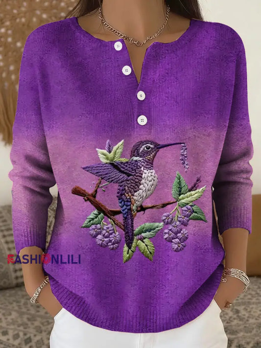 Women‘s Purple Gradient Hummingbird Floral Print long-sleeve cardigan