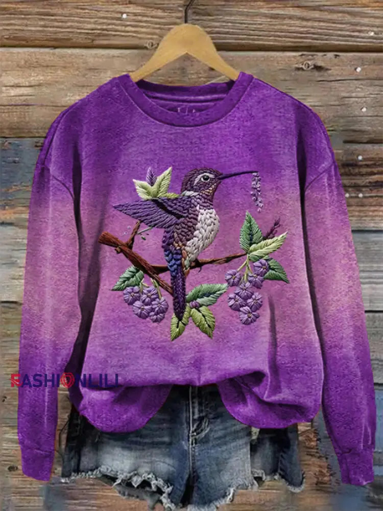 Women's Purple Gradient Hummingbird Floral Print Regular Sweatshirt