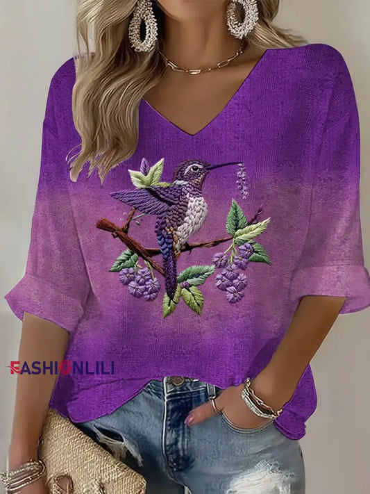 Women's Purple Gradient Hummingbird Floral Print Waffle T-shirt