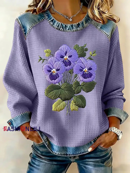 Women's Purple Pansy Flowers Print Casual Sweatshirt
