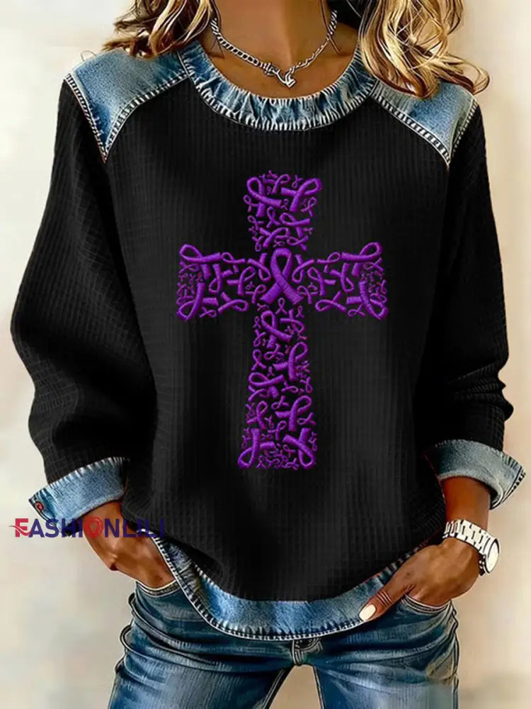 Women's Purple Ribbon Cross Print Casual Sweatshirt