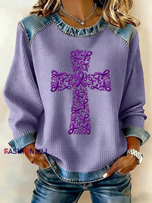 Women's Purple Ribbon Cross Print Casual Sweatshirt