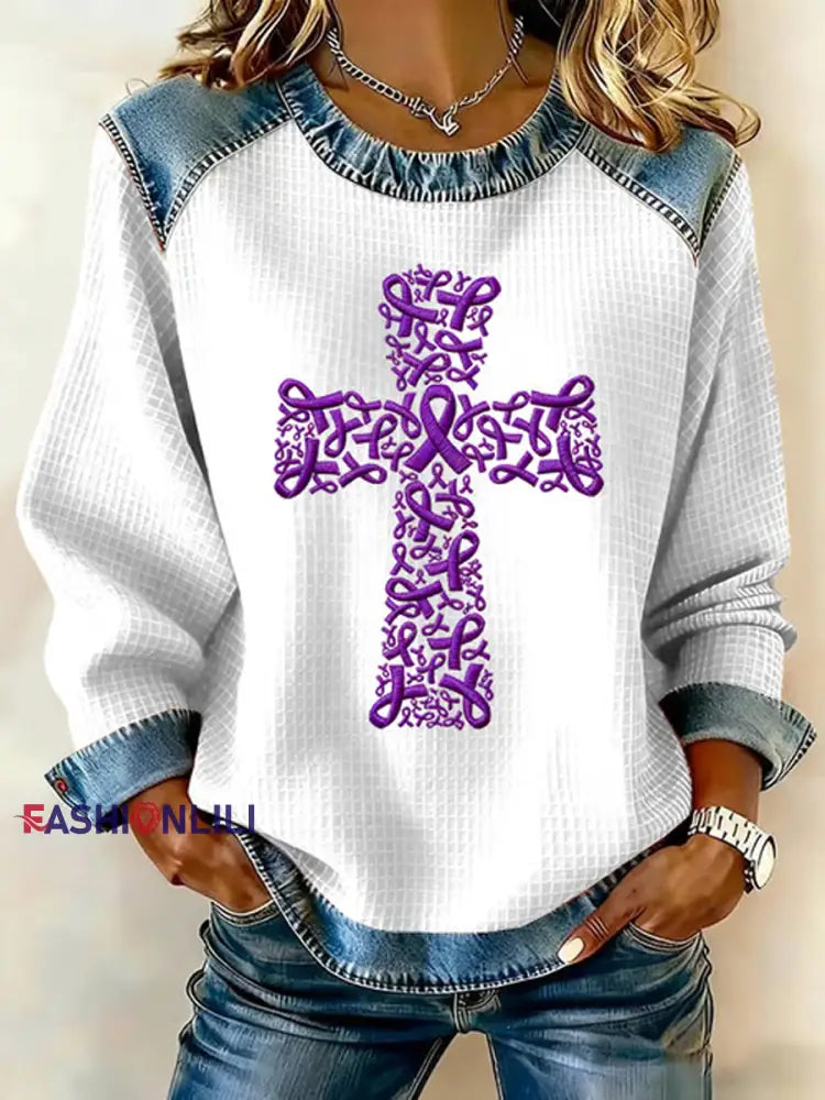 Women's Purple Ribbon Cross Print Casual Sweatshirt