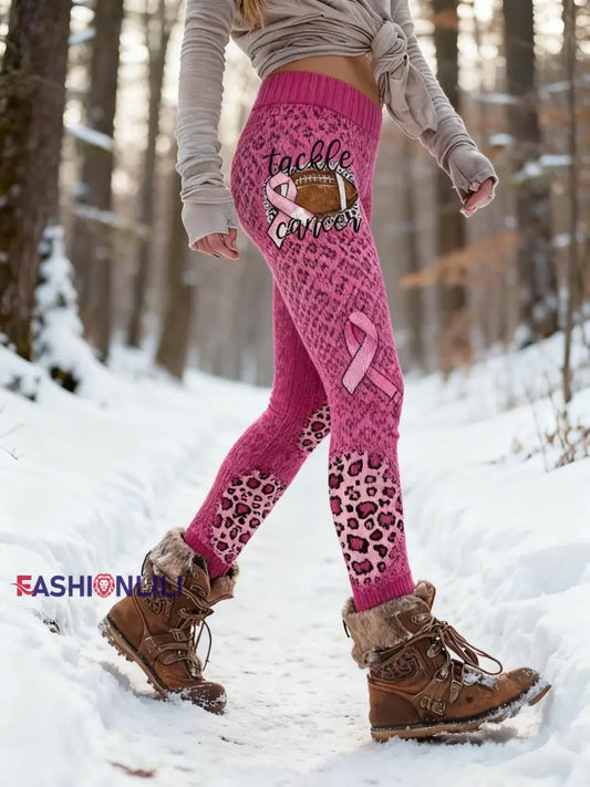 Women's Retro Breast Cancer Awareness Leopard Print Sports Stretch Leggings