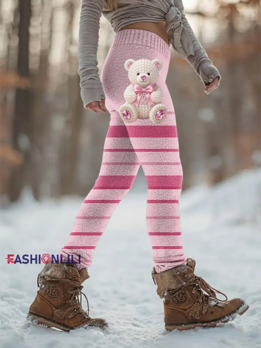 Women's Retro Breast Cancer Prevention Campaign  Bear Print Sports Stretch Leggings