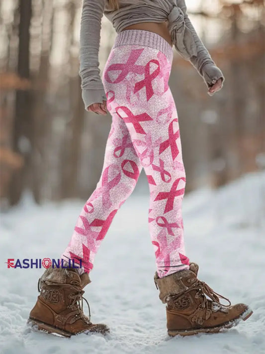 Women's Retro Breast Cancer Prevention Campaign Print Sports Stretch Leggings
