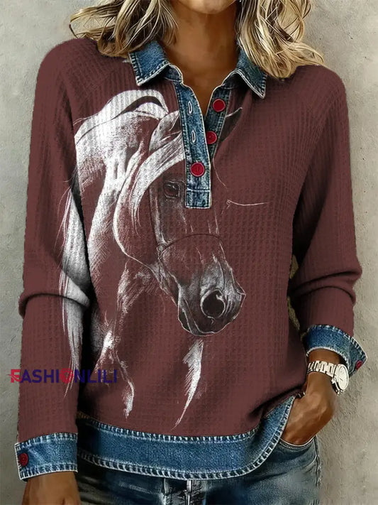 Women's Retro Horse Art Print Denim Patchwork Top